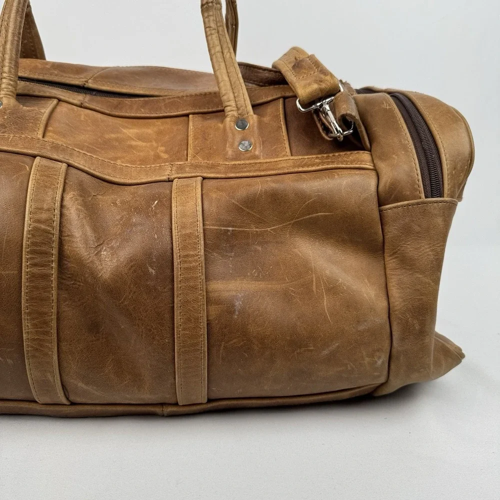 Vtg Tan Leather Duffle Bag Travel Weekender Gym Luggage Side Grab Handles 22